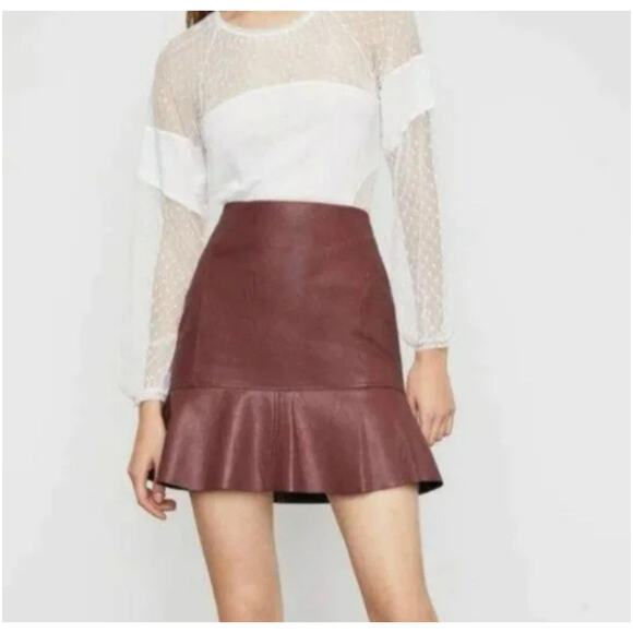 BCBG Max Azria Skirt Mini Faux Leather Burgundy Red Size M Ruffle Drop Hem Women - Picture 1 of 8